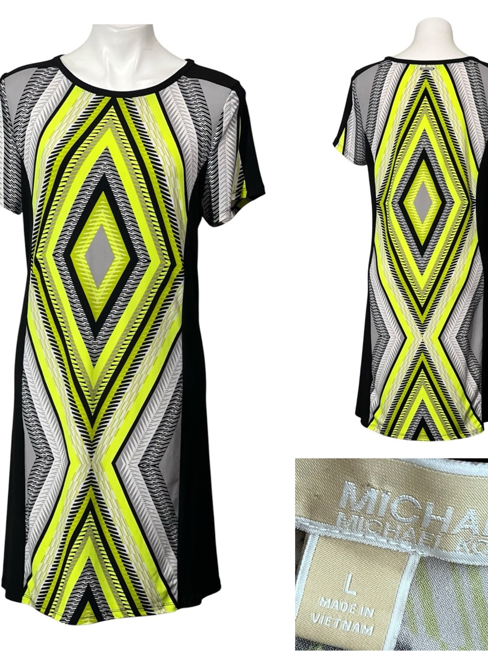 MICHAEL Michael Kors dress sz L chartreuse green/Black‎ Geometric short sleeve